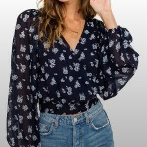 ASTR the Label Navy Floral Cropped Chiffon Tie Top